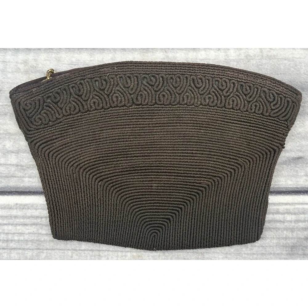 VINTAGE BLACK‎ EMBROIDERED CLUTCH PURSE EVENING BAG     *29